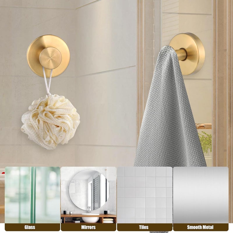 Dntorx Stainless Steel Suction Cup Hooks, 2 Pack Holders for Towels, Loofah, Robe, Coat(Gold) ( experiencia cliente Jem) - Image 4